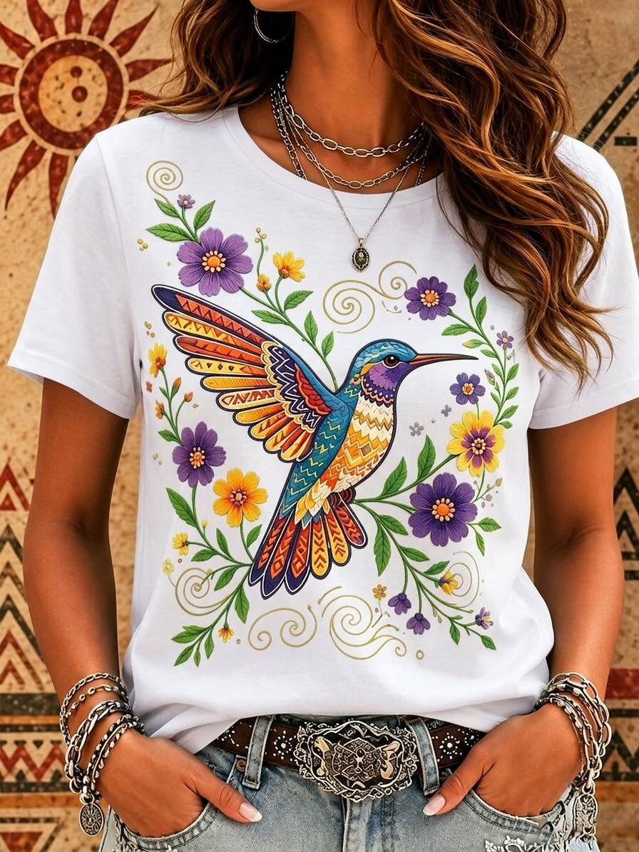 Women's Bohemian-style hummingbird floral print tie-dye T-shirt, casual short-sleeve Western-style top