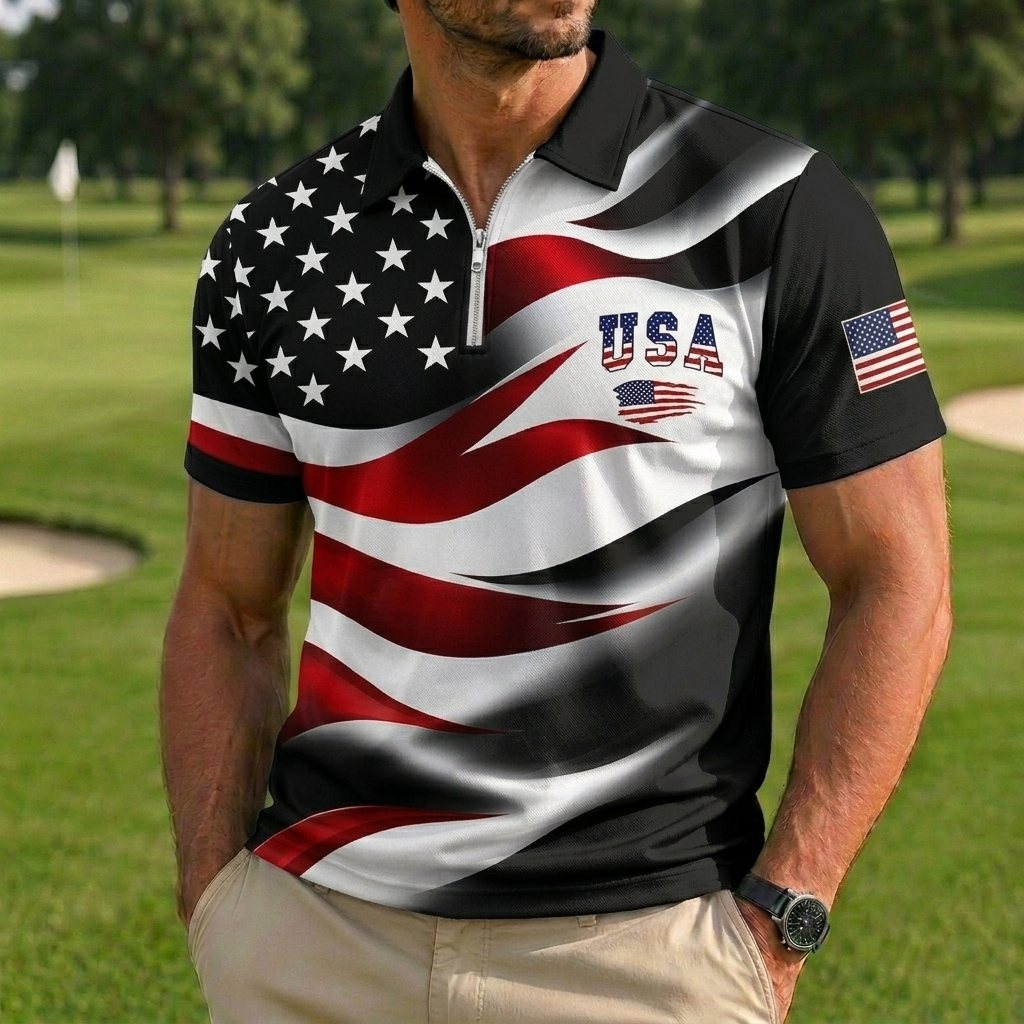 Men's USA Flag Gradient Print Quarter-Zip Golf Polo Shirt, Patriotic Short Sleeve Sport Top