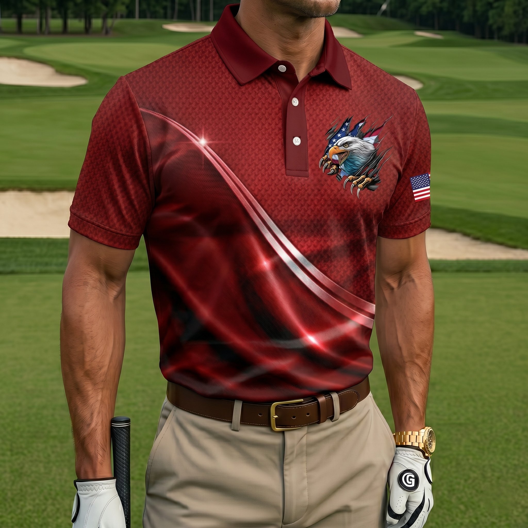 Men’s Patriotic Eagle Breakthrough Golf Polo - Quick-Dry Performance Shirt with American Flag Detail & Textured Fabric