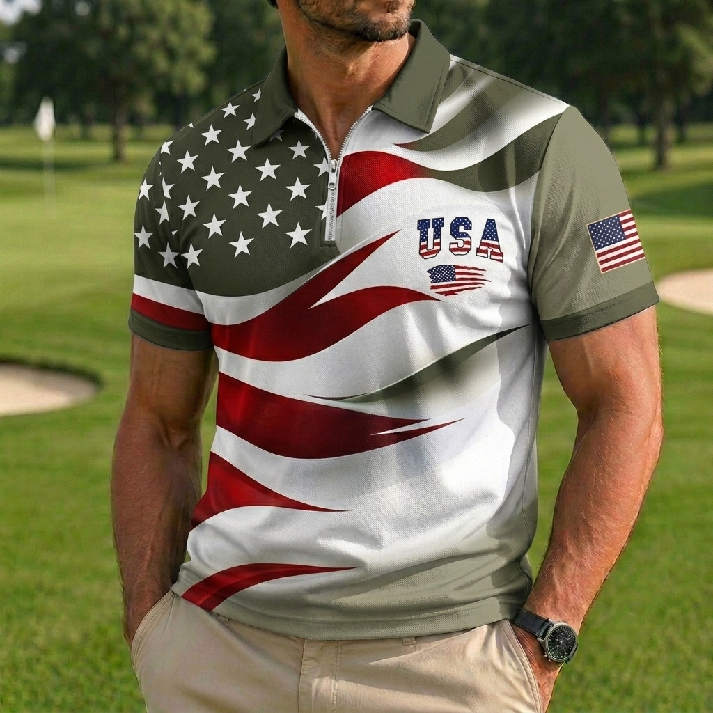 Men's USA Flag Gradient Print Quarter-Zip Golf Polo Shirt, Patriotic Short Sleeve Sport Top
