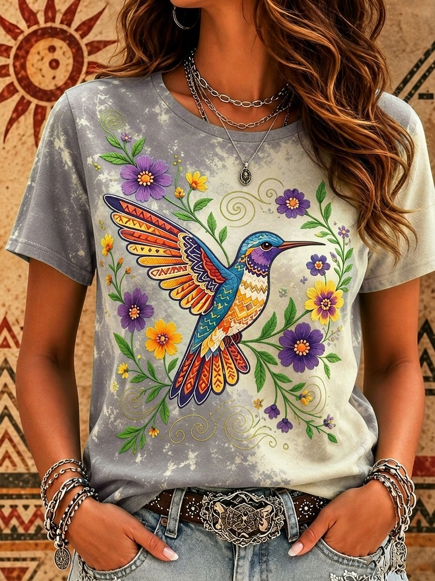 Women's Bohemian-style hummingbird floral print tie-dye T-shirt, casual short-sleeve Western-style top