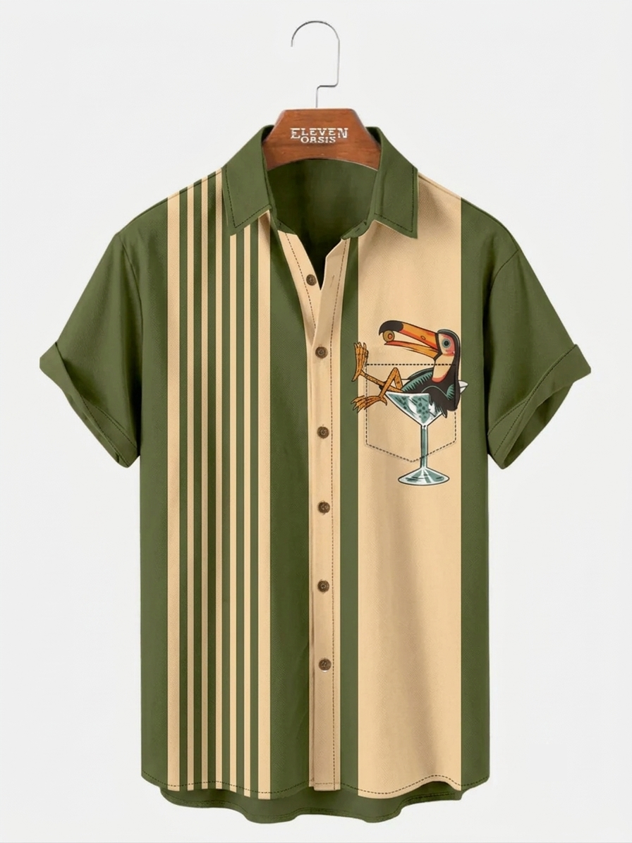 Men's Retro Striped Toucan Cocktail Print Short Sleeve Button Down Shirt, Color Block Tropical Summer Beach Casual Shirt