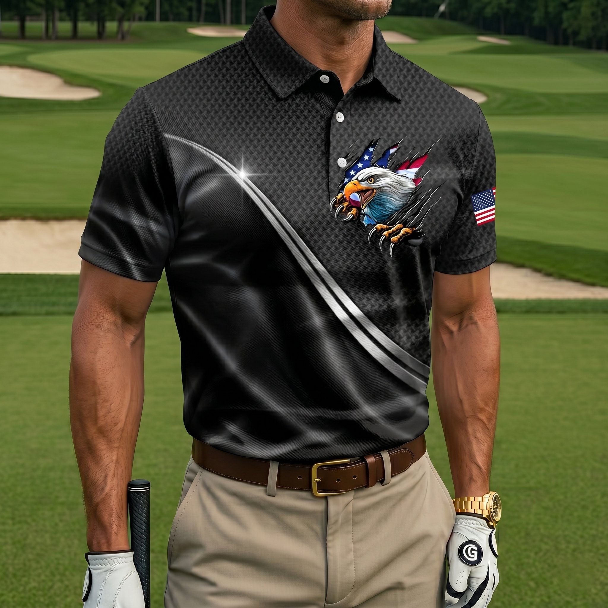 Men’s Patriotic Eagle Breakthrough Golf Polo - Quick-Dry Performance Shirt with American Flag Detail & Textured Fabric