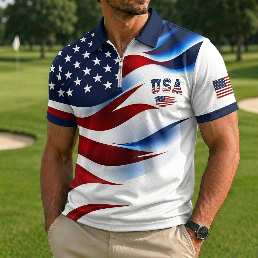Men's USA Flag Gradient Print Quarter-Zip Golf Polo Shirt, Patriotic Short Sleeve Sport Top