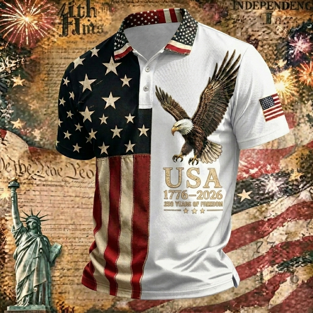 Men's Patriotic Eagle & USA Flag Print Golf Polo Shirt, 1776-2026 250 Years of Freedom Short Sleeve Casual Top