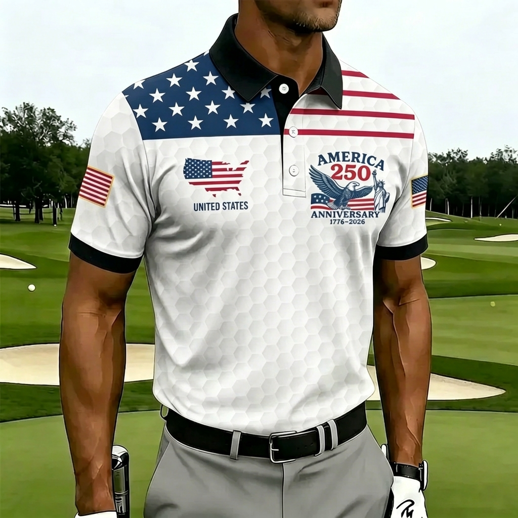 USA 250th Anniversary Golf Polo Shirt – Split Star & Stripe American Flag Print with Eagle Crest, Patriotic Quick Dry Short Sleeve Top