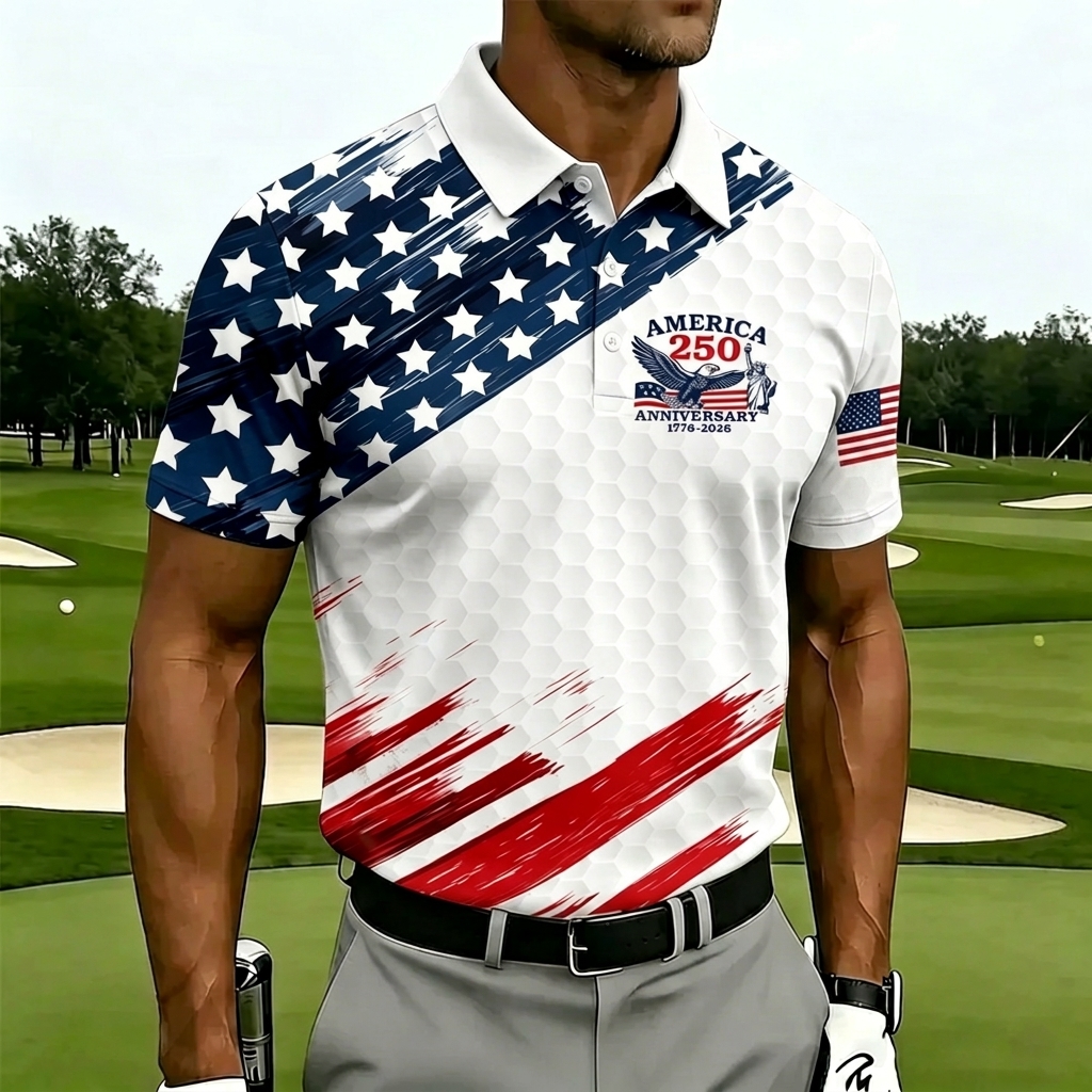 USA 250th Anniversary Golf Polo Shirt – Split Star & Stripe American Flag Print with Eagle Crest, Patriotic Quick Dry Short Sleeve Top