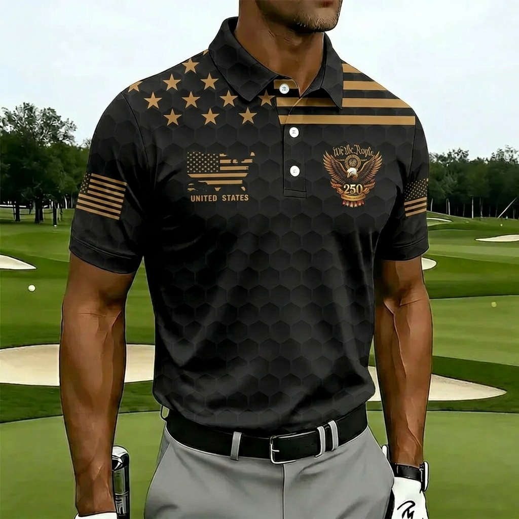 USA 250th Anniversary Golf Polo Shirt – Split Star & Stripe American Flag Print with Eagle Crest, Patriotic Quick Dry Short Sleeve Top