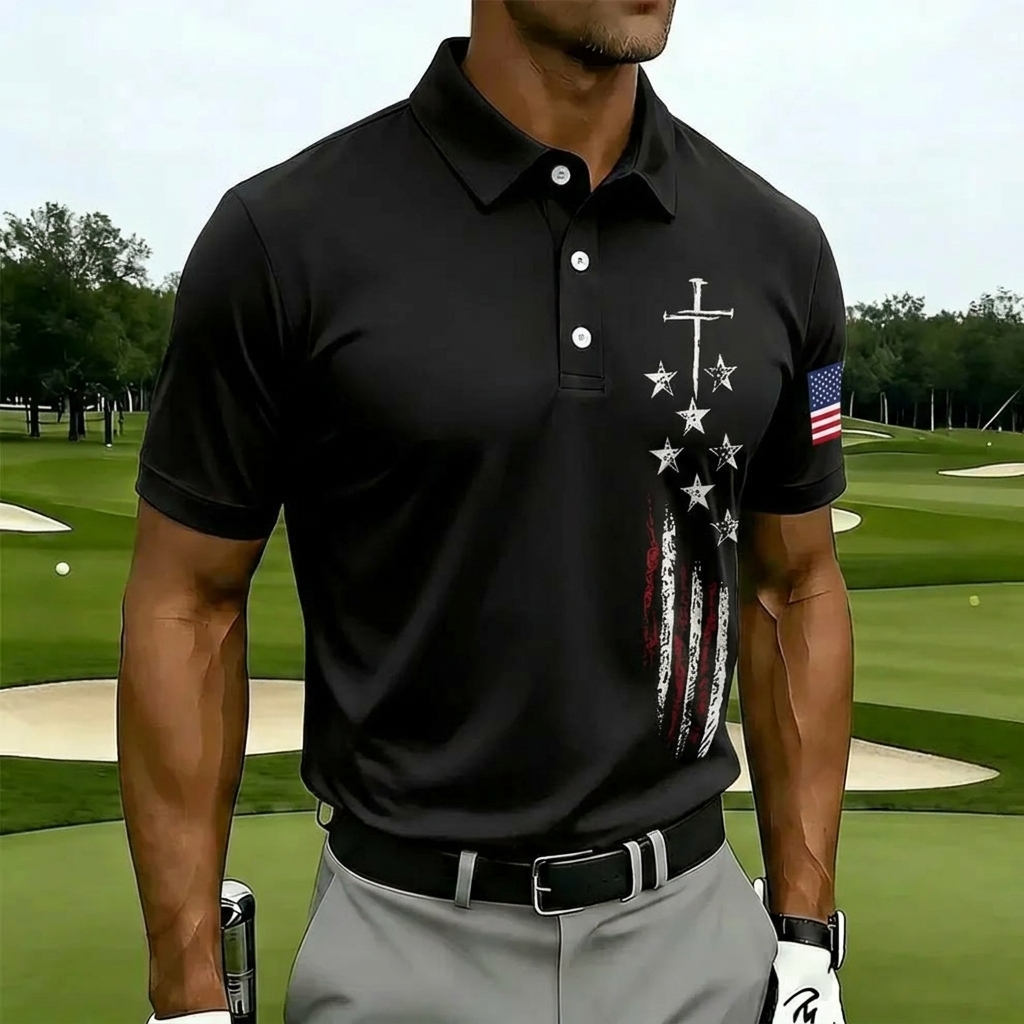 United States 1776-2026 Eagle Flag Mens Polo – Diagonal Star Stripe Design, Breathable Performance Golf Top