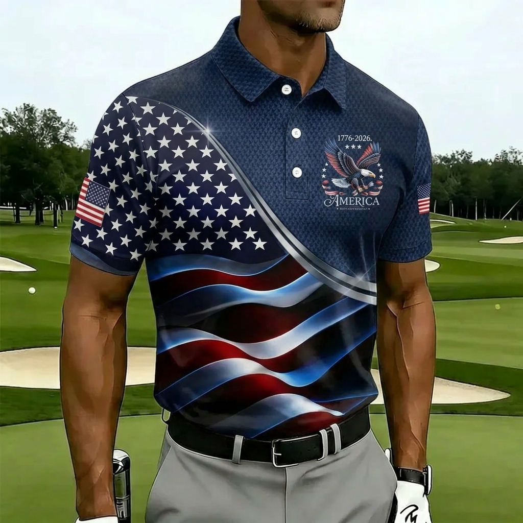 United States 1776-2026 Eagle Flag Mens Polo – Diagonal Star Stripe Design, Breathable Performance Golf Top