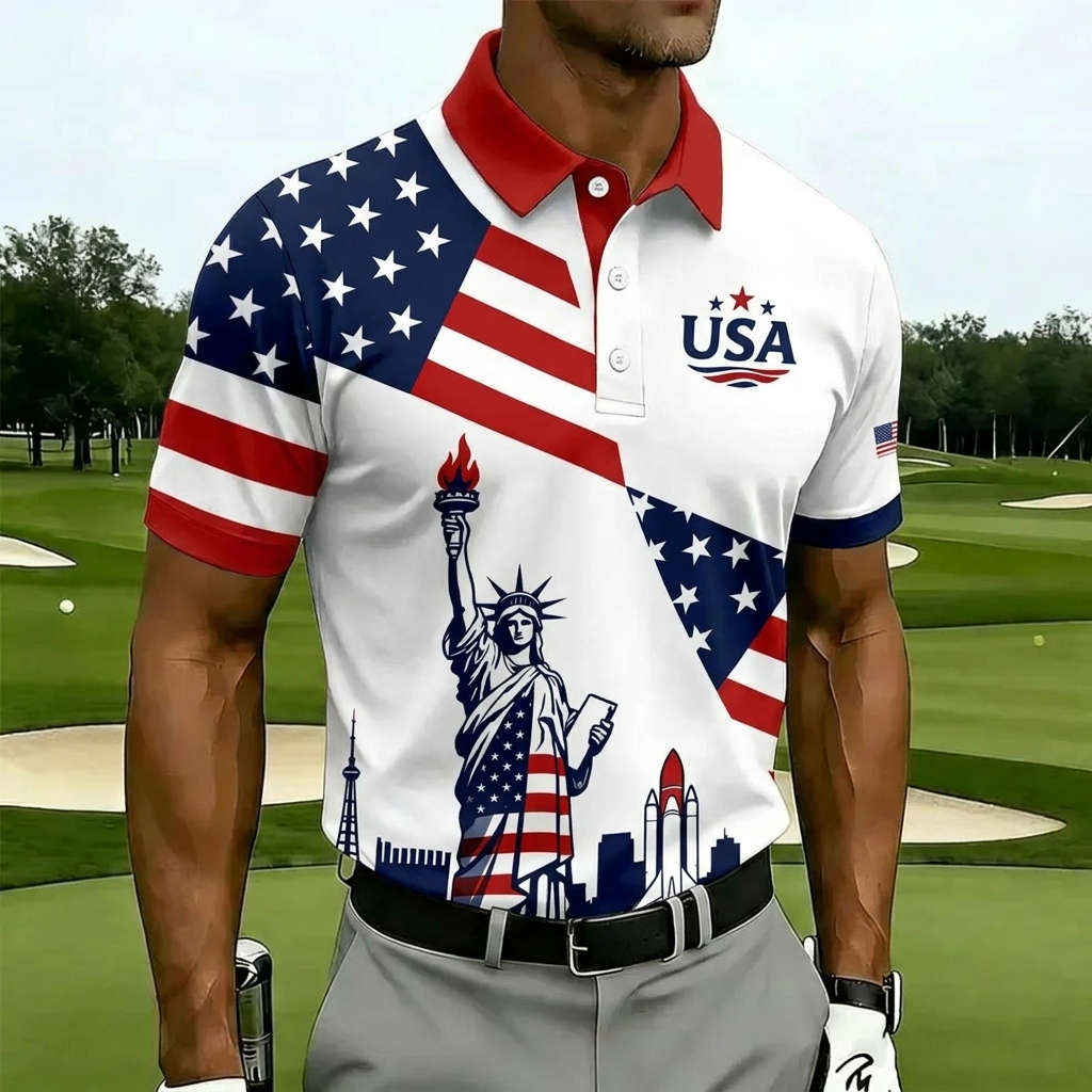 USA 250th Anniversary Golf Polo Shirt – Split Star & Stripe American Flag Print with Eagle Crest, Patriotic Quick Dry Short Sleeve Top
