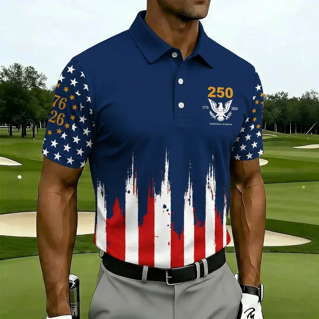 USA 250th Anniversary Golf Polo Shirt – Split Star & Stripe American Flag Print with Eagle Crest, Patriotic Quick Dry Short Sleeve Top