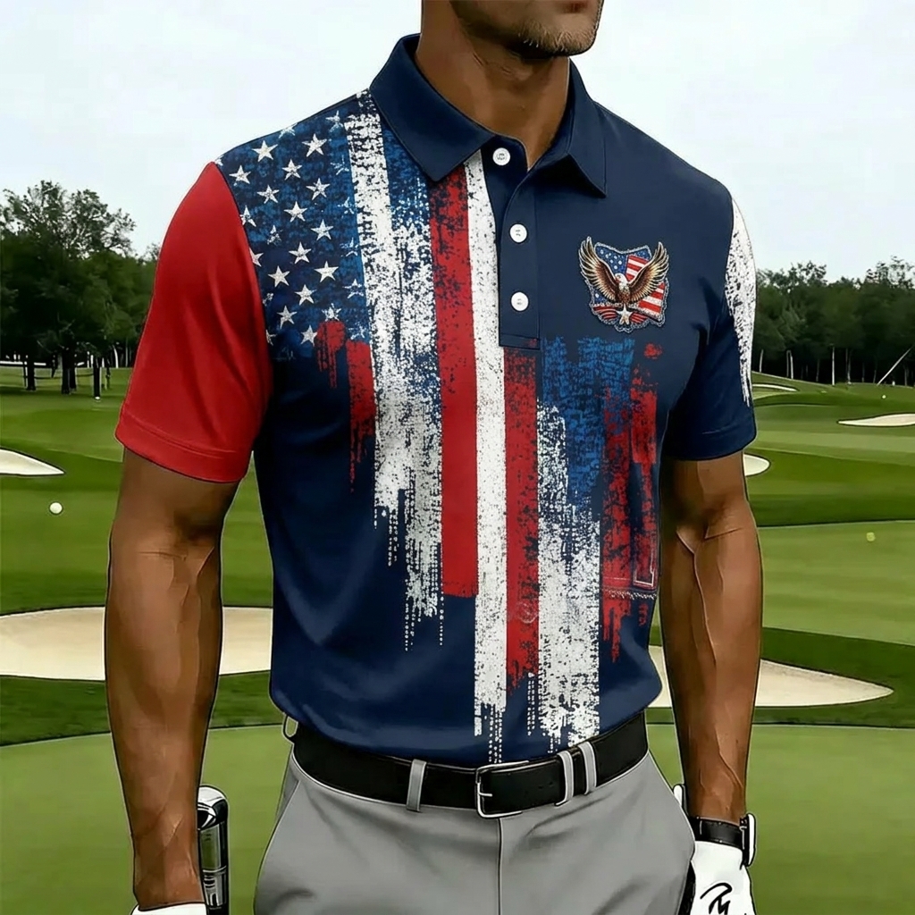 United States 1776-2026 Eagle Flag Mens Polo – Diagonal Star Stripe Design, Breathable Performance Golf Top