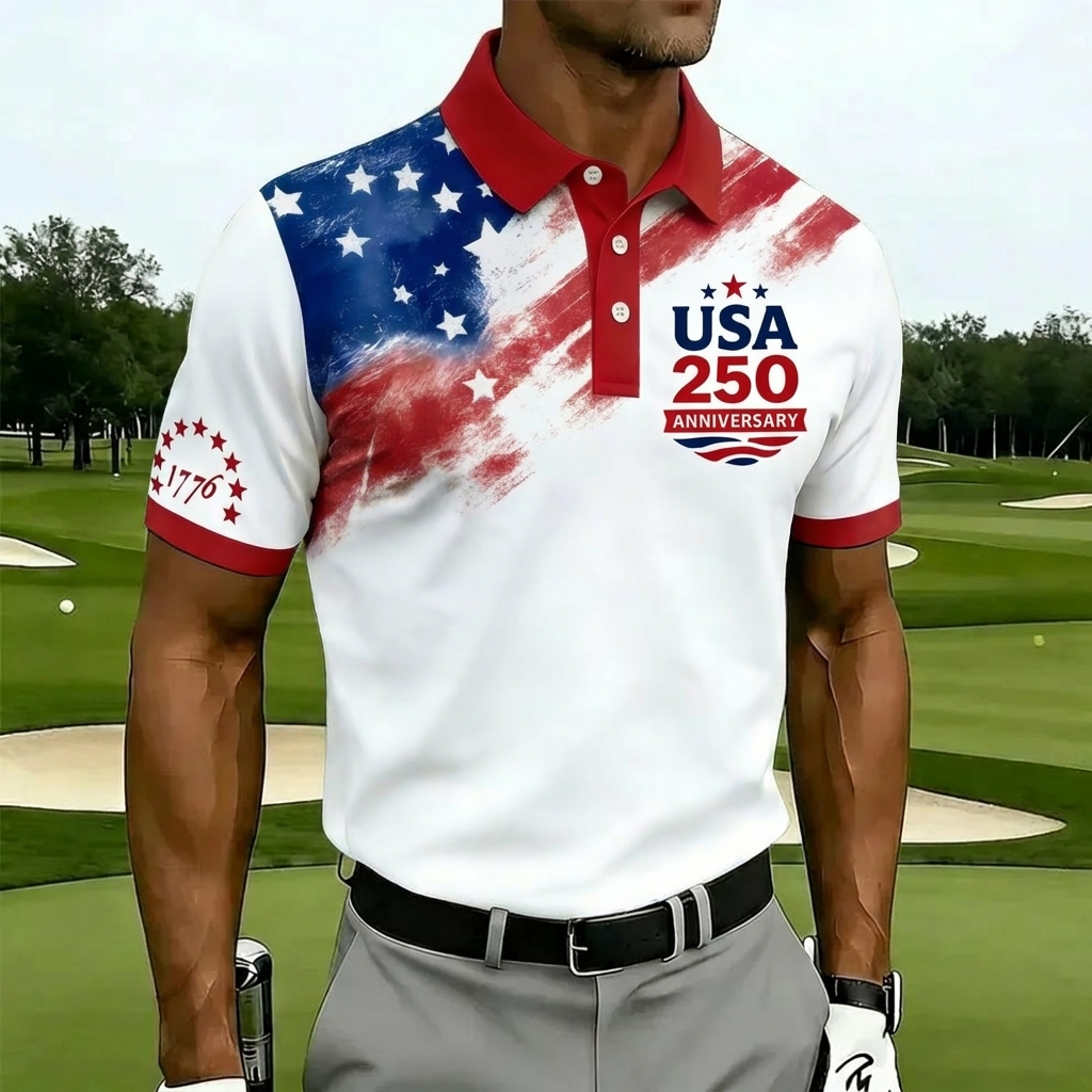 United States 1776-2026 Eagle Flag Mens Polo – Diagonal Star Stripe Design, Breathable Performance Golf Top
