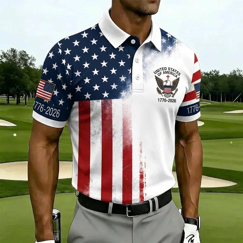 USA 250th Anniversary Golf Polo Shirt – Split Star & Stripe American Flag Print with Eagle Crest, Patriotic Quick Dry Short Sleeve Top