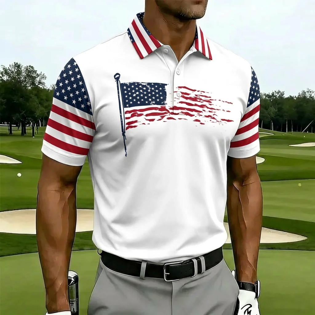 United States 1776-2026 Eagle Flag Mens Polo – Diagonal Star Stripe Design, Breathable Performance Golf Top