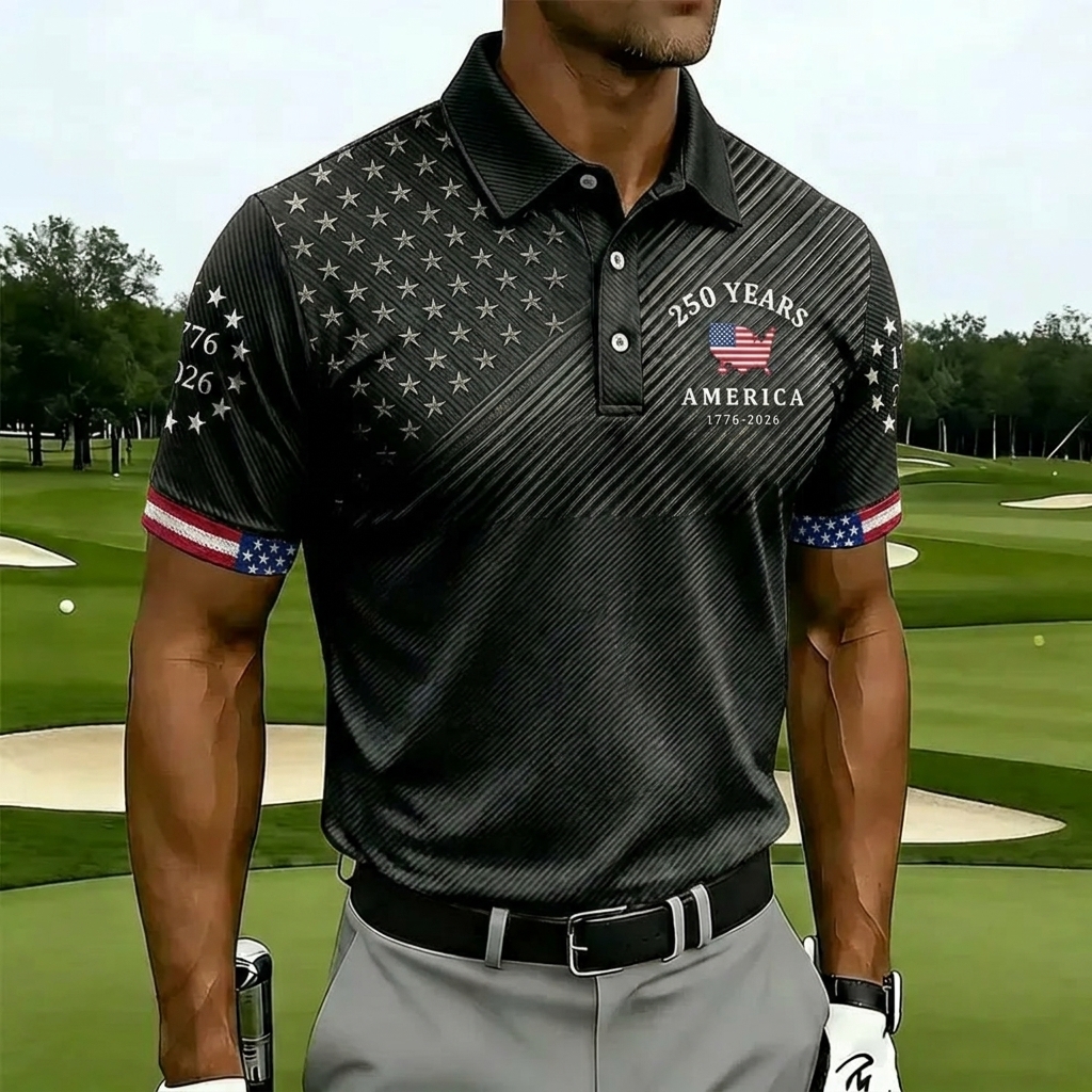 USA 250th Anniversary Golf Polo Shirt – Split Star & Stripe American Flag Print with Eagle Crest, Patriotic Quick Dry Short Sleeve Top
