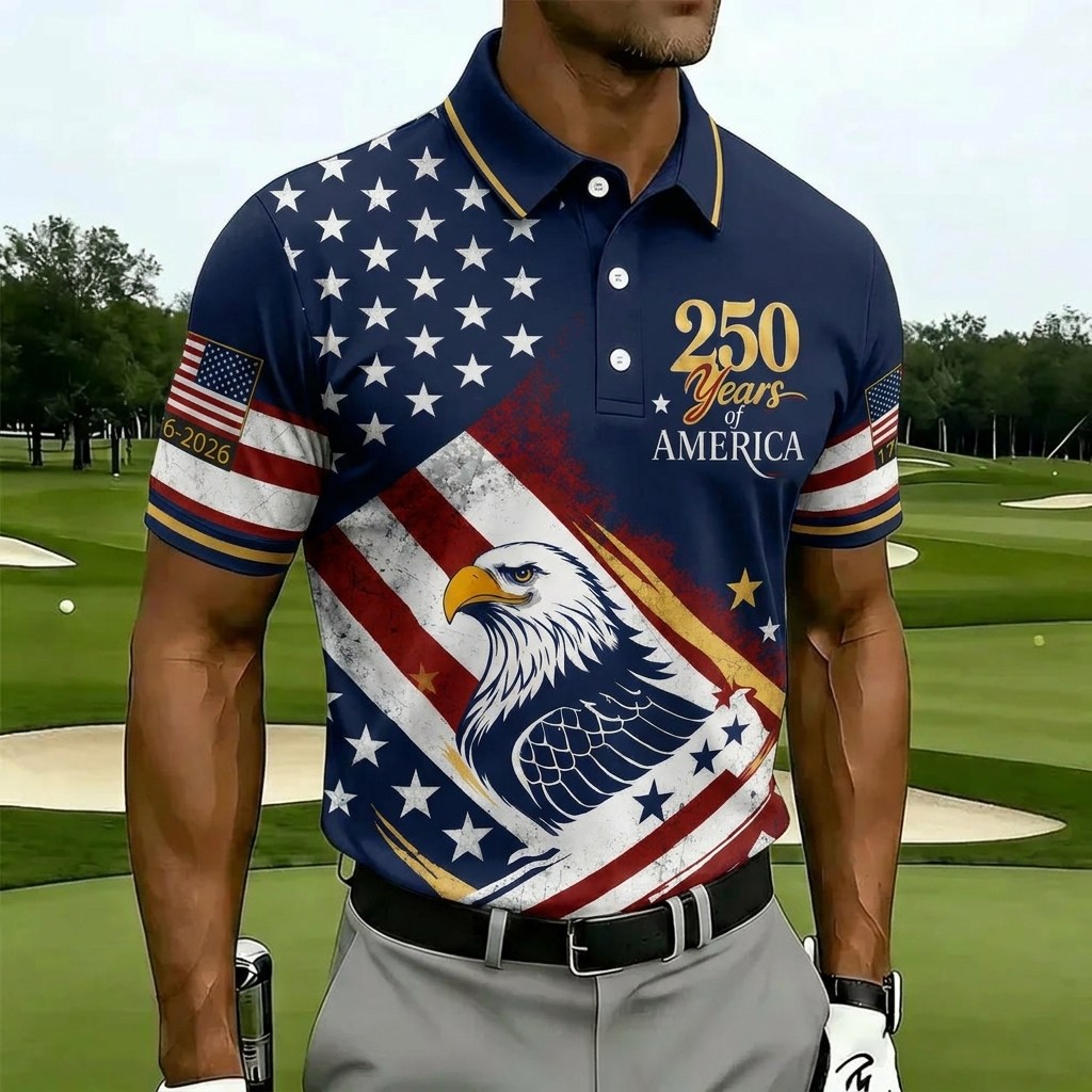 United States 1776-2026 Eagle Flag Mens Polo – Diagonal Star Stripe Design, Breathable Performance Golf Top