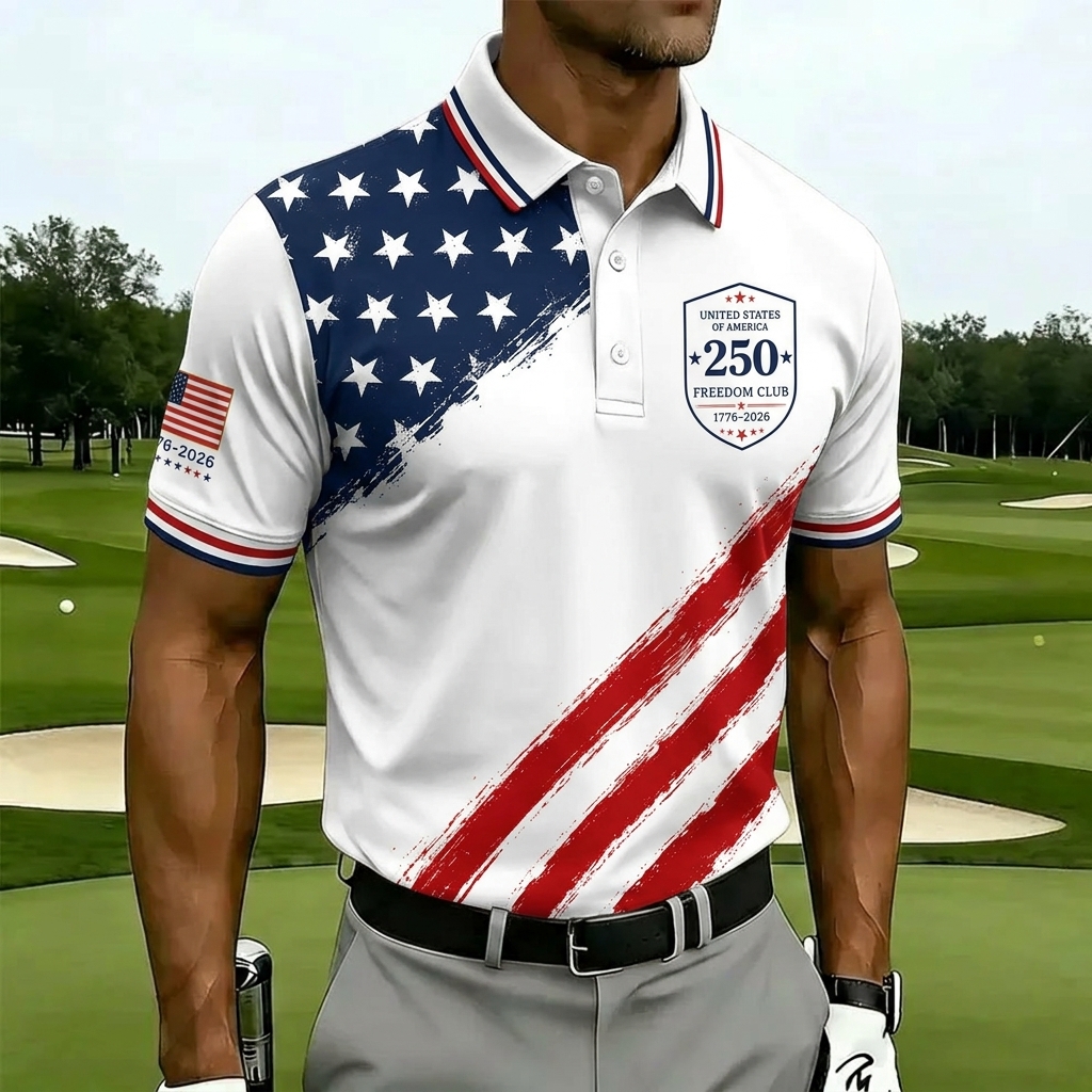 USA 250th Anniversary Golf Polo Shirt – Split Star & Stripe American Flag Print with Eagle Crest, Patriotic Quick Dry Short Sleeve Top