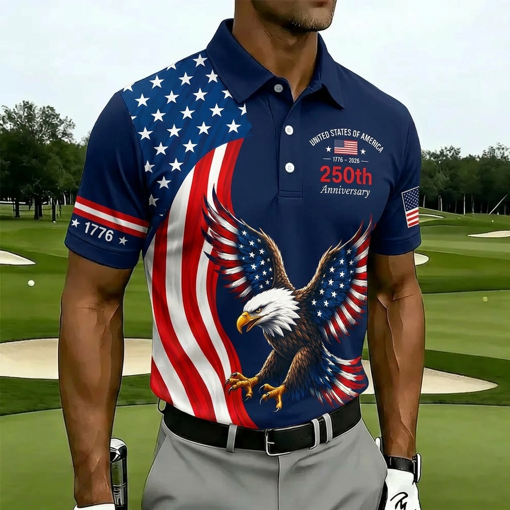 United States 1776-2026 Eagle Flag Mens Polo – Diagonal Star Stripe Design, Breathable Performance Golf Top