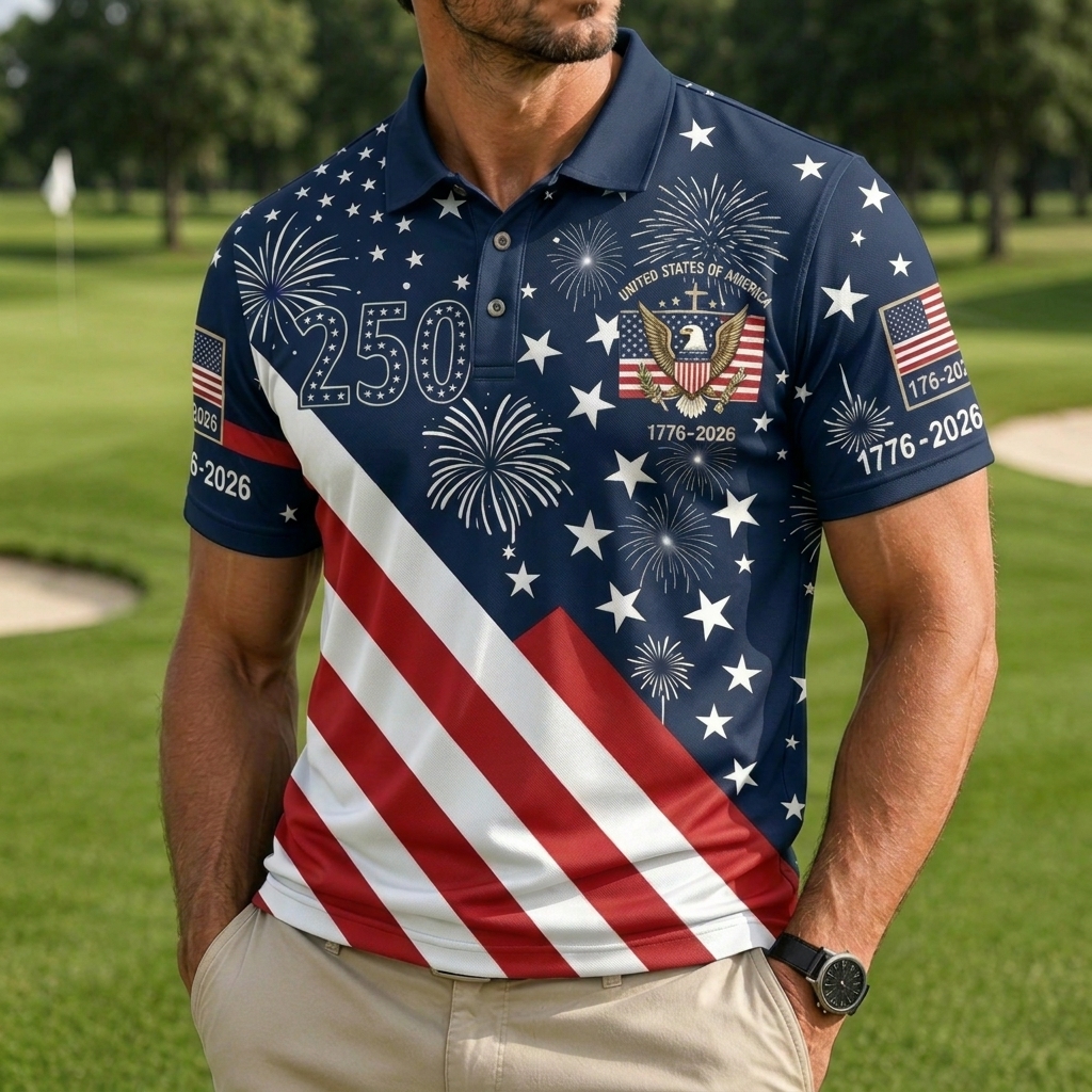 USA 250th Anniversary Golf Polo Shirt – Diagonal Flag, Fireworks & Eagle Print, Patriotic Quick Dry Short Sleeve Top