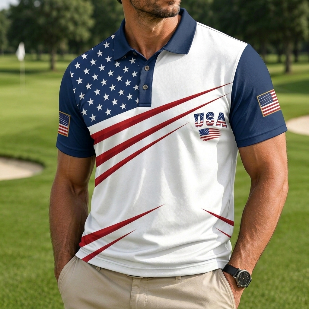 USA 250th Anniversary Golf Polo Shirt – Diagonal Flag, Fireworks & Eagle Print, Patriotic Quick Dry Short Sleeve Top