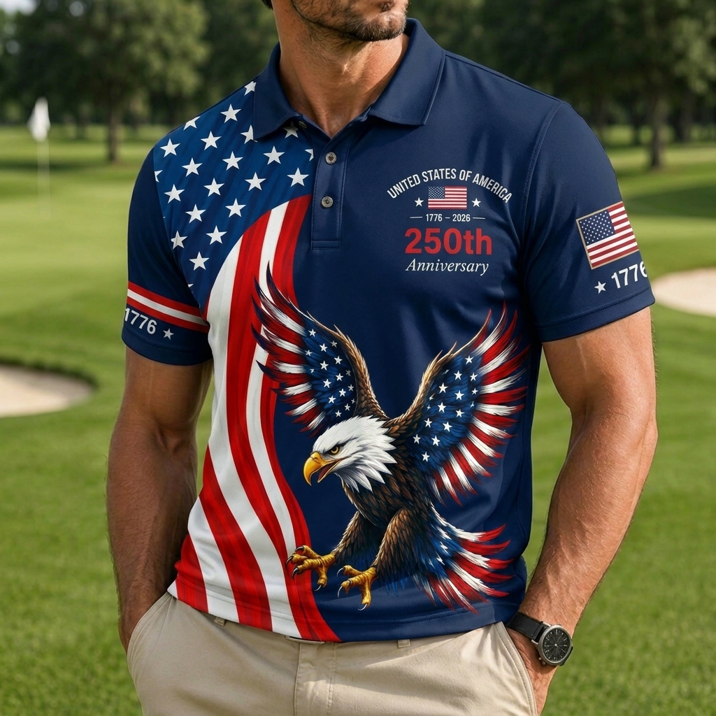 USA 250th Anniversary Golf Polo Shirt – Diagonal Flag, Fireworks & Eagle Print, Patriotic Quick Dry Short Sleeve Top