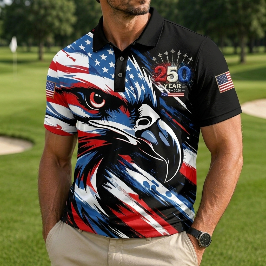 USA 250th Anniversary Golf Polo Shirt – Diagonal Flag, Fireworks & Eagle Print, Patriotic Quick Dry Short Sleeve Top