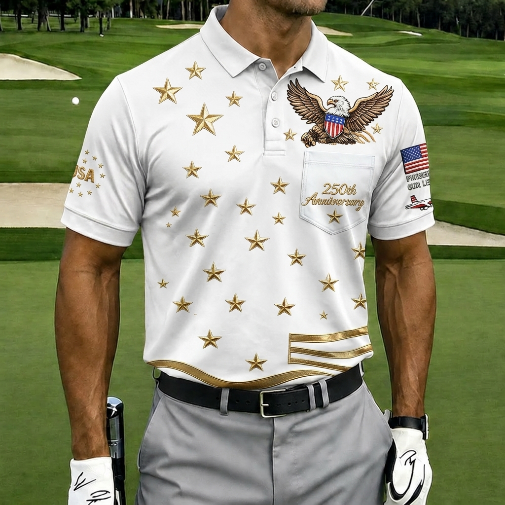 USA 250th Anniversary Patriotic Eagle Golf Polo Shirt, Men's Casual Top with Gradient Gold Star Print