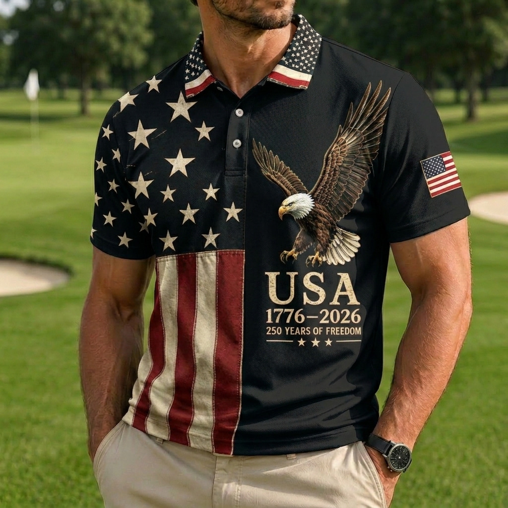 Men's Patriotic Eagle & USA Flag Print Golf Polo Shirt, 1776-2026 250 Years of Freedom Short Sleeve Casual Top