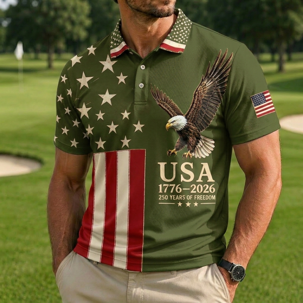 Men's Patriotic Eagle & USA Flag Print Golf Polo Shirt, 1776-2026 250 Years of Freedom Short Sleeve Casual Top