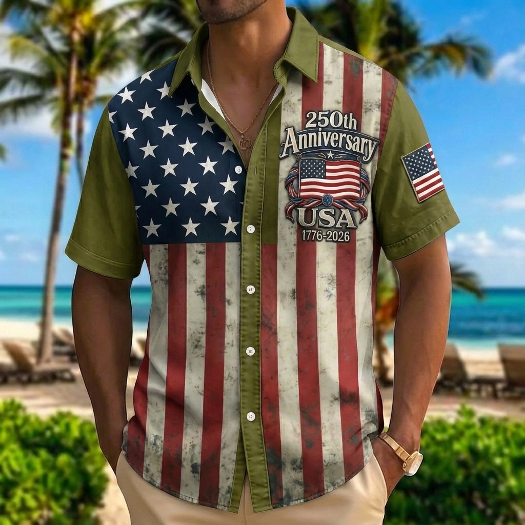 Retro American Flag 1776-2026 Hawaiian Shirt – Gradient Star & Stripe Design with Anniversary Text, Beach Vacation Casual Top