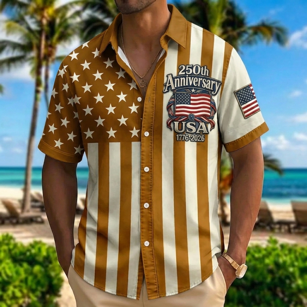 Retro American Flag 1776-2026 Hawaiian Shirt – Gradient Star & Stripe Design with Anniversary Text, Beach Vacation Casual Top