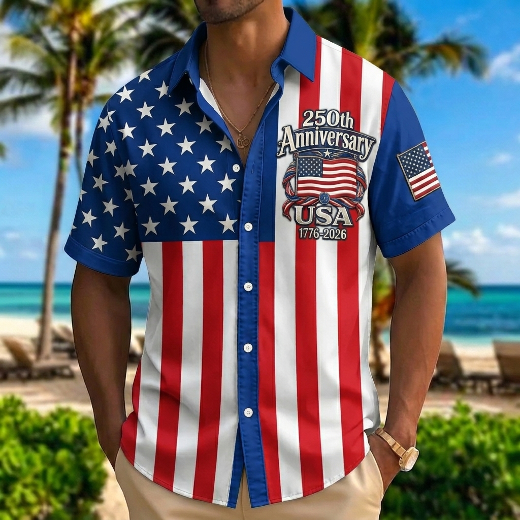 Retro American Flag 1776-2026 Hawaiian Shirt – Gradient Star & Stripe Design with Anniversary Text, Beach Vacation Casual Top