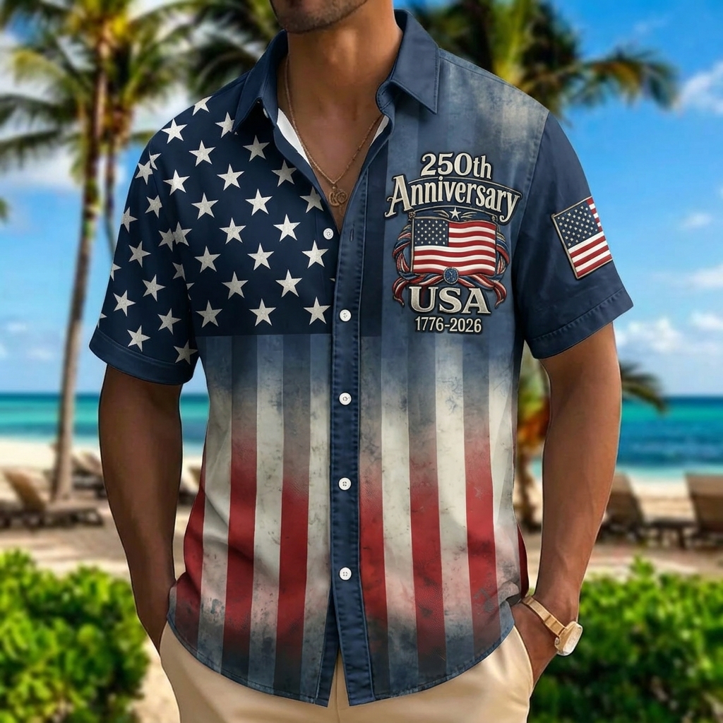 Retro American Flag 1776-2026 Hawaiian Shirt – Gradient Star & Stripe Design with Anniversary Text, Beach Vacation Casual Top