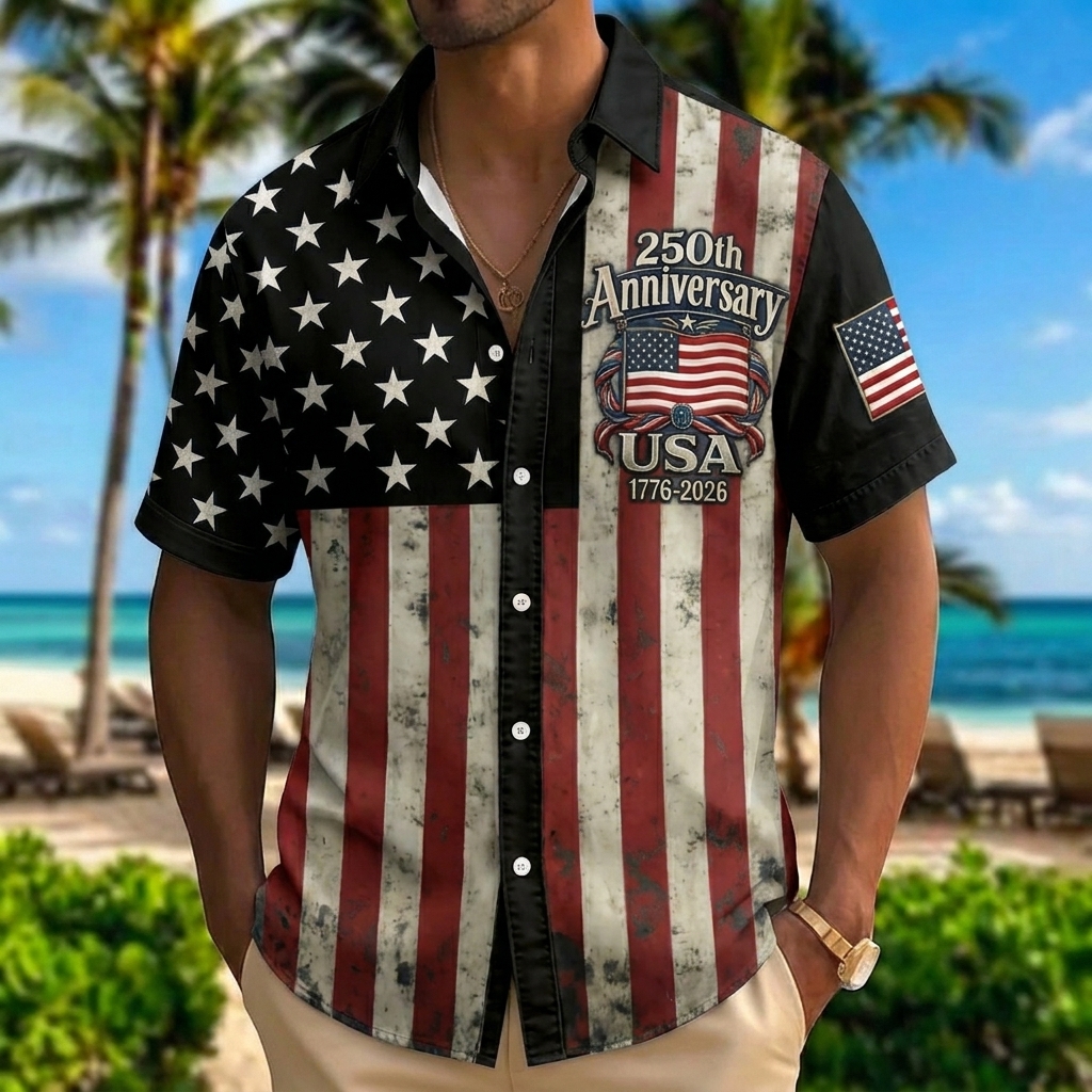 Retro American Flag 1776-2026 Hawaiian Shirt – Gradient Star & Stripe Design with Anniversary Text, Beach Vacation Casual Top