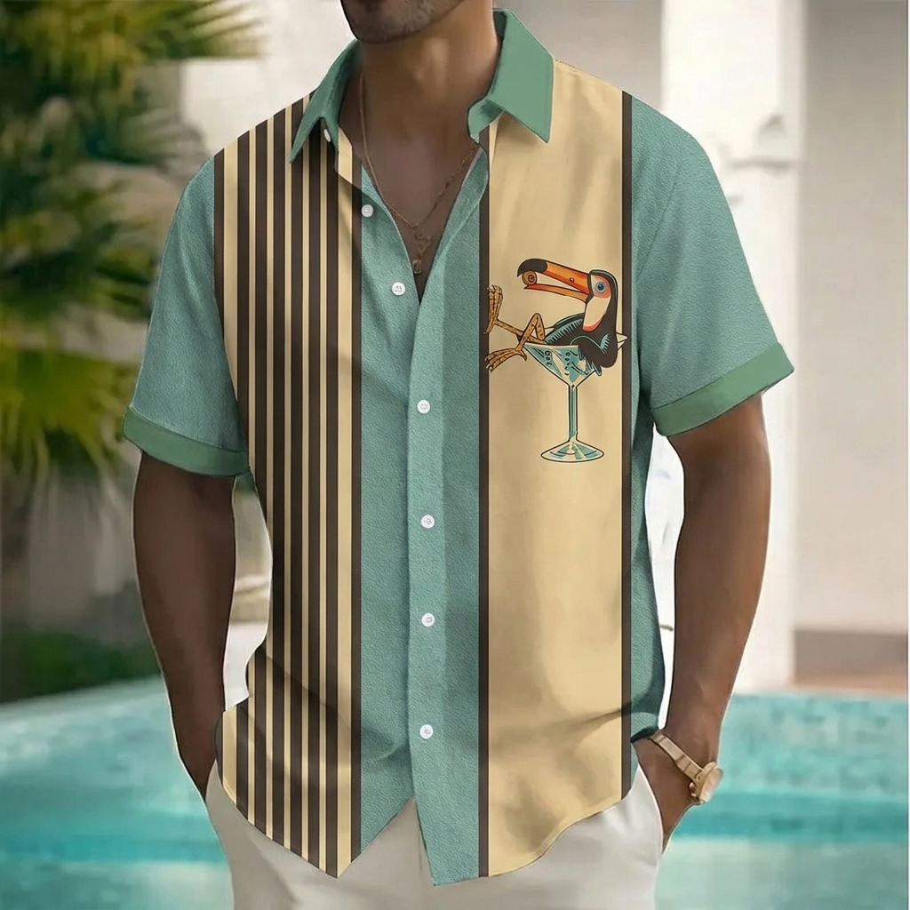 Men's Retro Striped Toucan Cocktail Print Short Sleeve Button Down Shirt, Color Block Tropical Summer Beach Casual Shirt