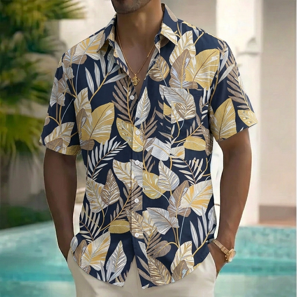 Men's Tropical Leaf Print Short Sleeve Button Down Shirt, Casual Beach Vacation Hawaiian Style Top