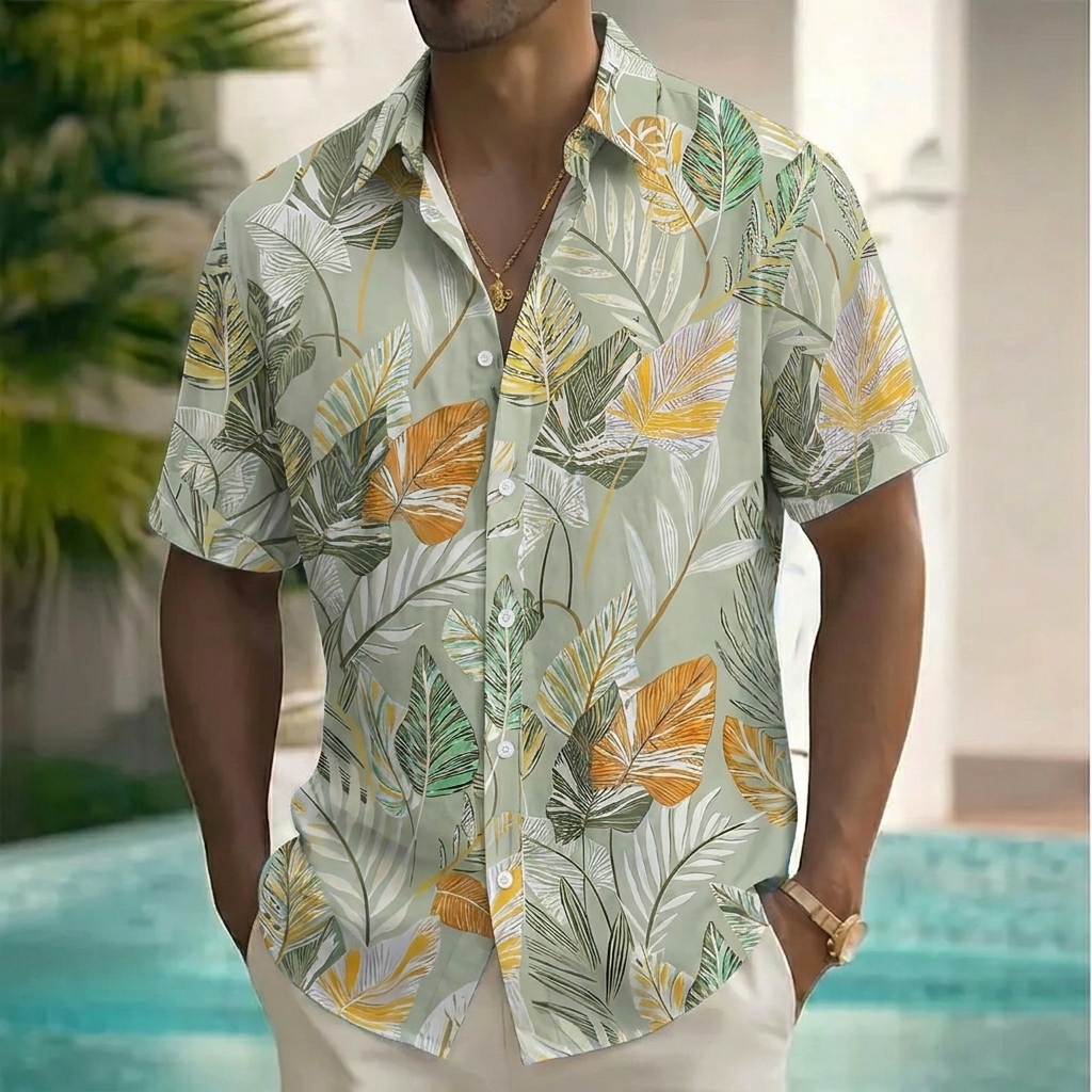 Men's Tropical Leaf Print Short Sleeve Button Down Shirt, Casual Beach Vacation Hawaiian Style Top