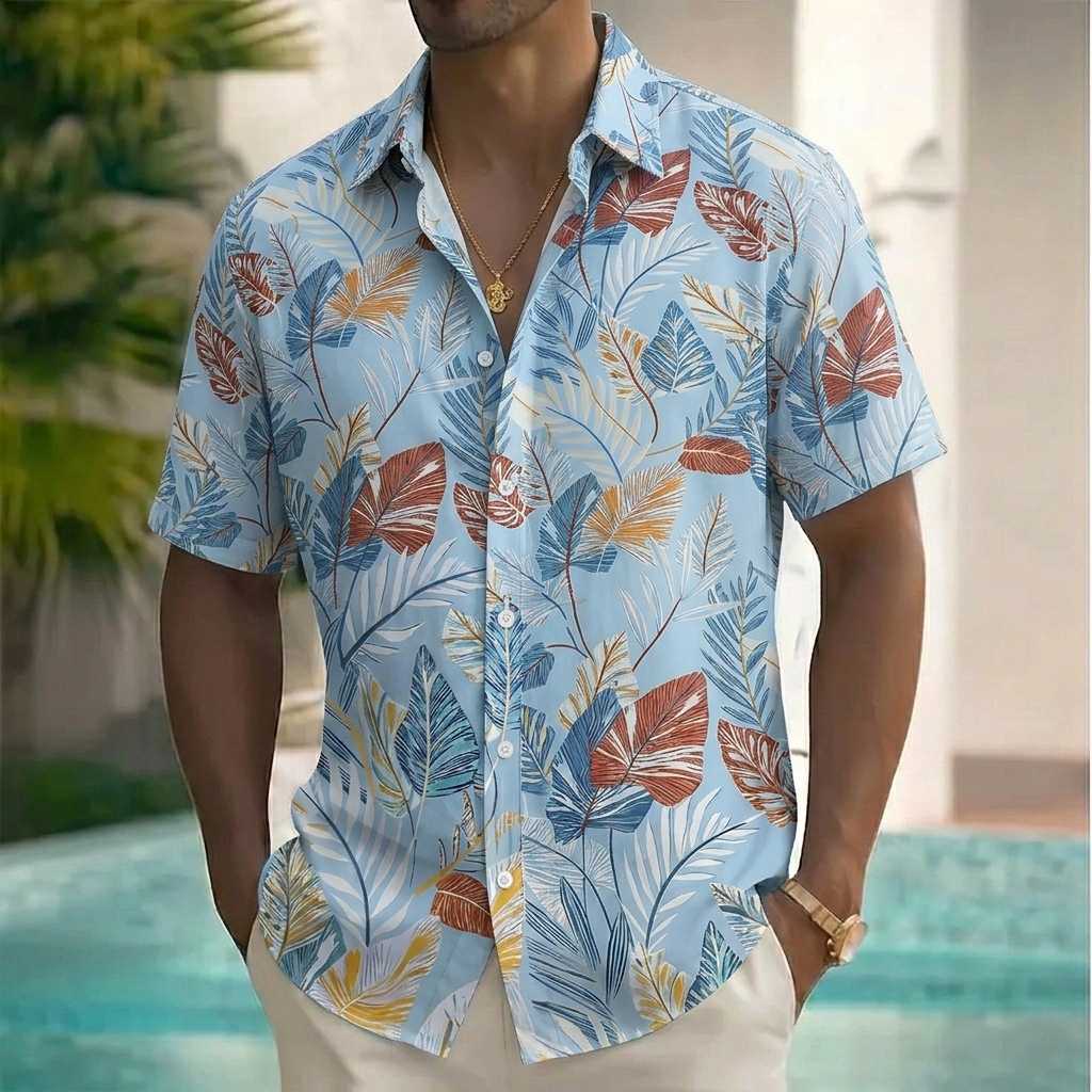 Men's Tropical Leaf Print Short Sleeve Button Down Shirt, Casual Beach Vacation Hawaiian Style Top