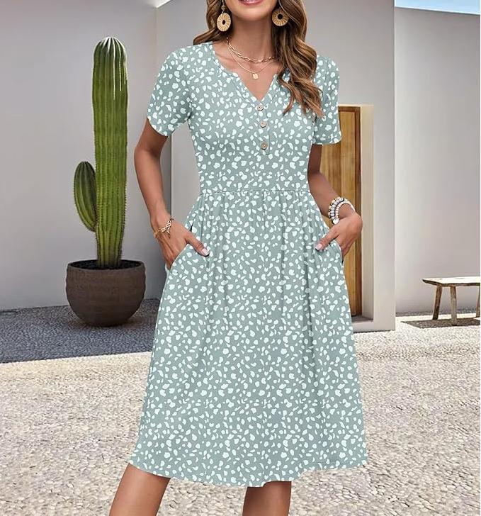 Women's Ditsy Spot Print V-Neck Midi Dress, Short Sleeve Button Detail A-Line Dress with Pockets