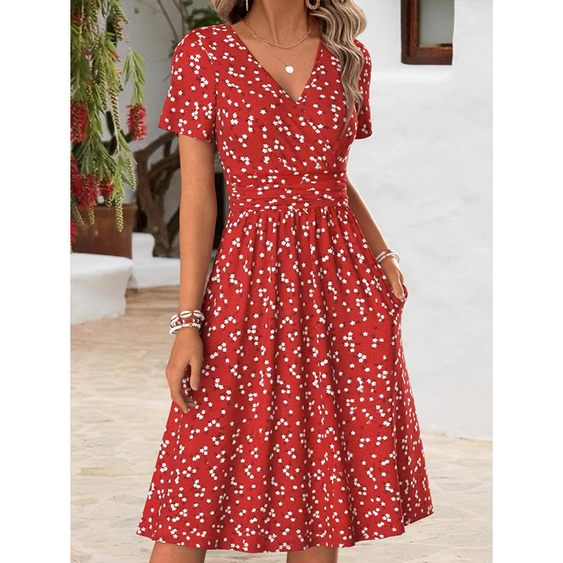 Women's Ditsy Floral Print Wrap V-Neck Midi Dress, Short Sleeve Ruched Waist A-Line Dress with Pockets