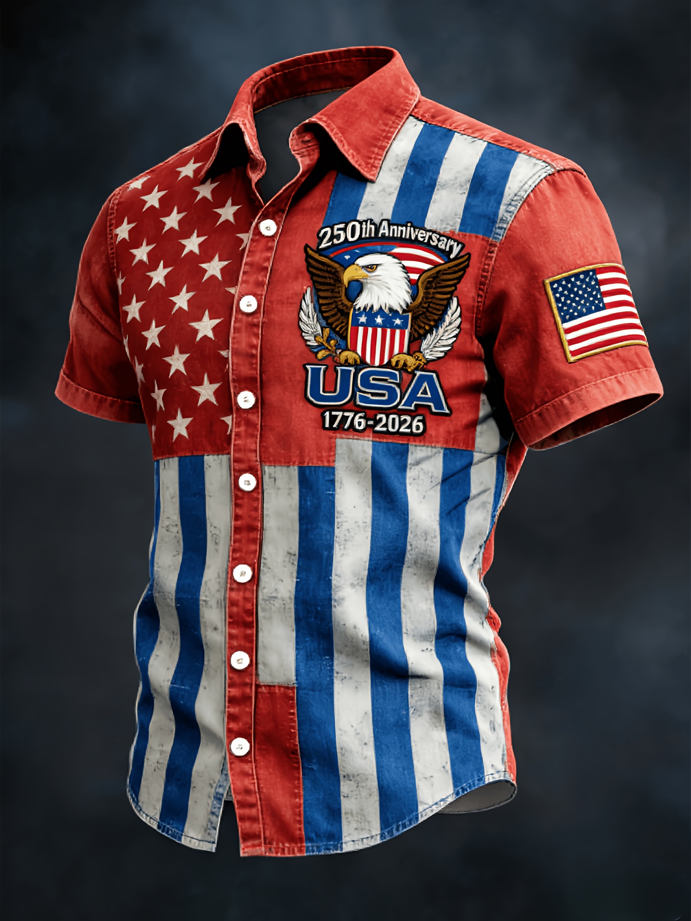 Retro Star & Stripe USA Eagle Hawaiian Shirt – Distressed Denim Flag Design with 1776-2026 Patch, Beach Vacation Top