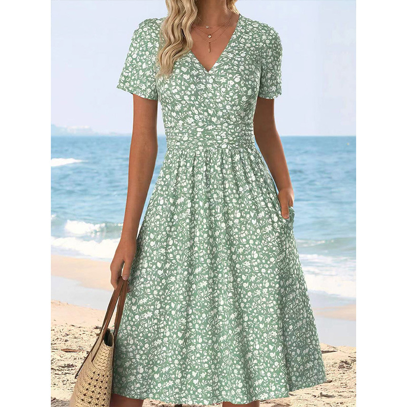 Women's Ditsy Floral Print Wrap V-Neck Midi Dress, Short Sleeve Ruched Waist A-Line Dress with Pockets