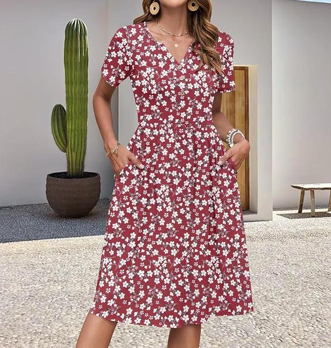 Women's Ditsy Spot Print V-Neck Midi Dress, Short Sleeve Button Detail A-Line Dress with Pockets