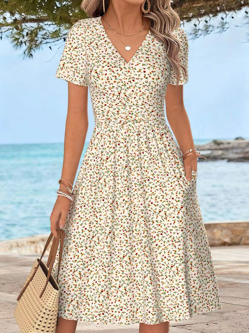 Women's Ditsy Floral Print Wrap V-Neck Midi Dress, Short Sleeve Ruched Waist A-Line Dress with Pockets