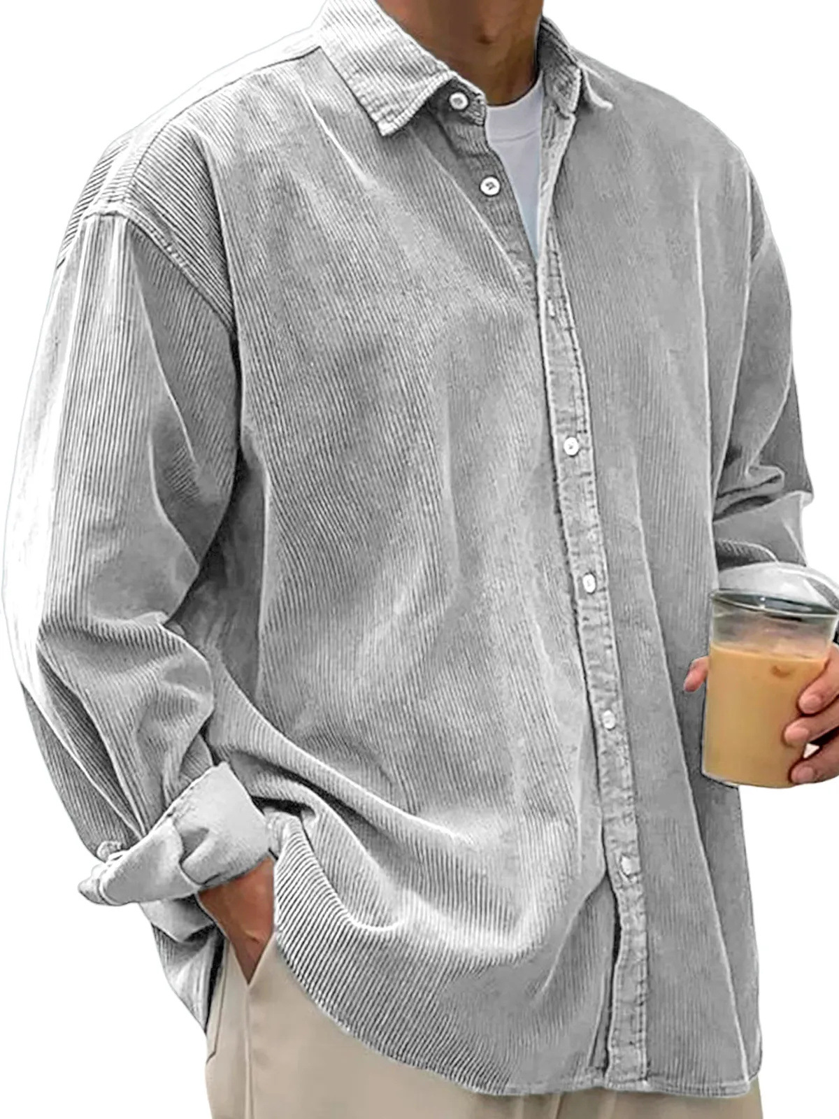 Men’s Oversized Corduroy Button-Down Shirt – Soft Casual Long Sleeve Corduroy Top