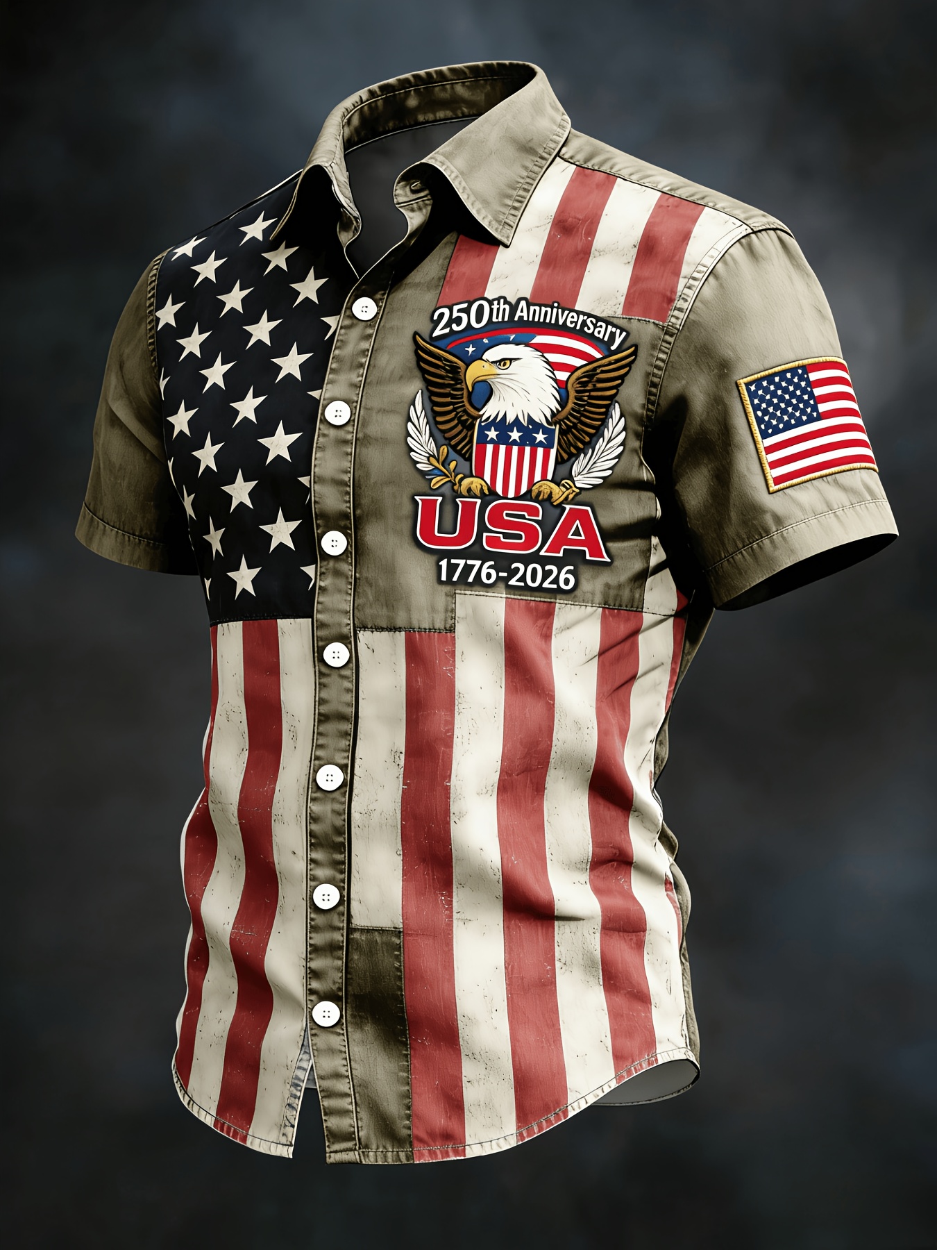 Retro Star & Stripe USA Eagle Hawaiian Shirt – Distressed Denim Flag Design with 1776-2026 Patch, Beach Vacation Top