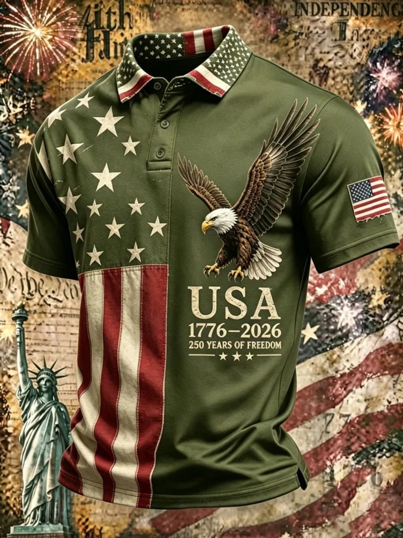 Men's Patriotic Eagle & USA Flag Print Golf Polo Shirt, 1776-2026 250 Years of Freedom Short Sleeve Casual Top