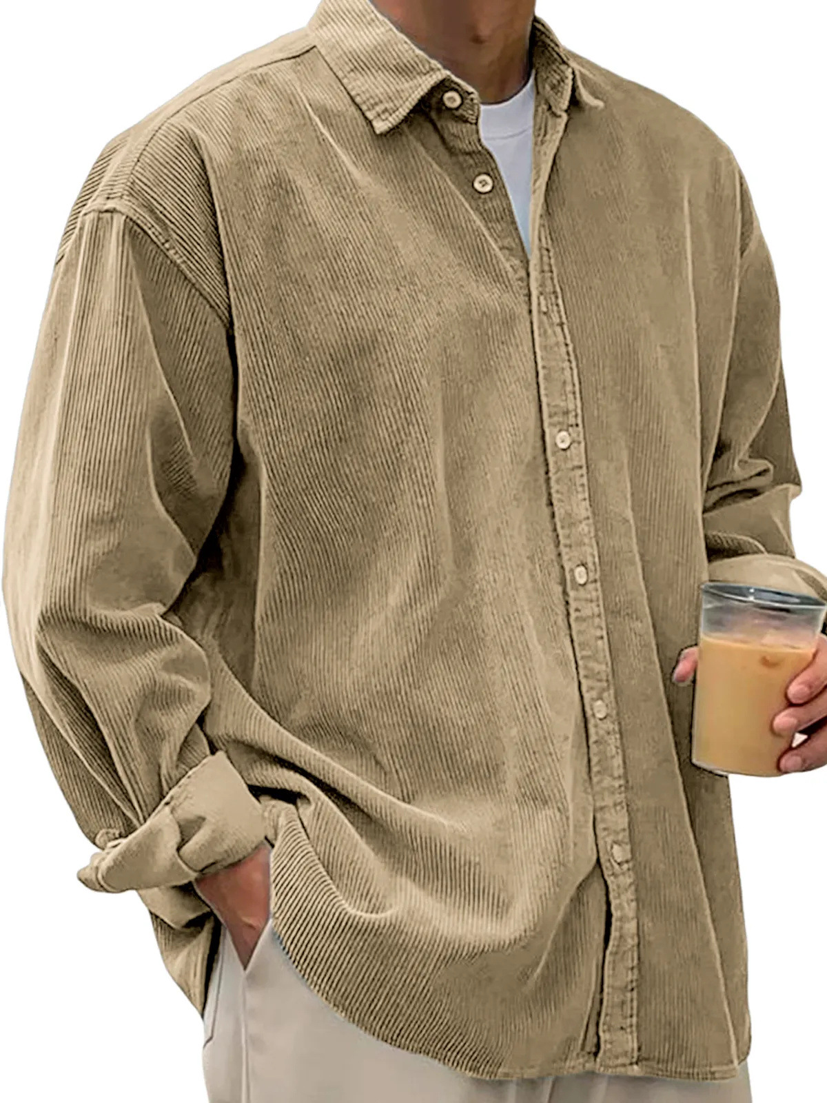 Men’s Oversized Corduroy Button-Down Shirt – Soft Casual Long Sleeve Corduroy Top